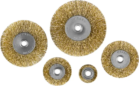 ЗУБР 5 шт, 25/40/55/63/78 мм, витая латунированная, стальная проволока, набор дисковых щеток-крацовок для дрели, Профессионал (3521-H5)