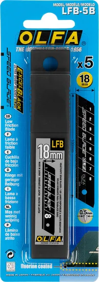 OLFA 18 мм, 5 шт, в пластиковом кейсе + блистер, тефлоновые сегментированые лезвия (OL-LFB-5B)