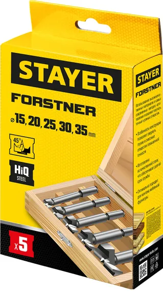 STAYER Forstner, 5 шт: 15-20-25-30-35 мм, набор сверл Форстнера по дереву, ДСП (29985-H5)