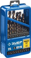 ЗУБР Кобальт, 25 шт, (1-13 мм), сталь Р6М5К5, класс А, мет.бокс, набор сверл по металлу, Профессионал (29626-H25)