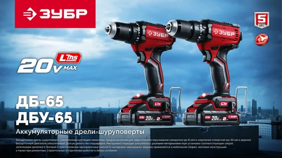 Бесщеточная ударная дрель-шуруповерт, ЗУБР 20 В, 65 Н·м, 1 АКБ LMS (2 А·ч), (ДБУ-65-21)