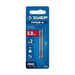ЗУБР Проф-А 5.0х62мм, сверло двухстороннее по металлу, сталь Р6М5, класс А, 2шт, Профессионал (29627-5.0)
