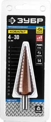 ЗУБР Кобальт, 4-30 мм, 14 ступеней, сталь Р6М5, кобальтовое покрытие, ступенчатое сверло, Профессионал (29672-4-30-14)