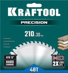 KRAFTOOL Precision, 210 х 30 мм, 48Т, пильный диск по дереву (36952-210-30)