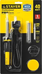 STAYER PROTerm, 40 Вт, с 2к рукояткой, конус, подставка + припой + сменное жало + канифоль, набор для паяльных работ, Professional (55312-40-H5)