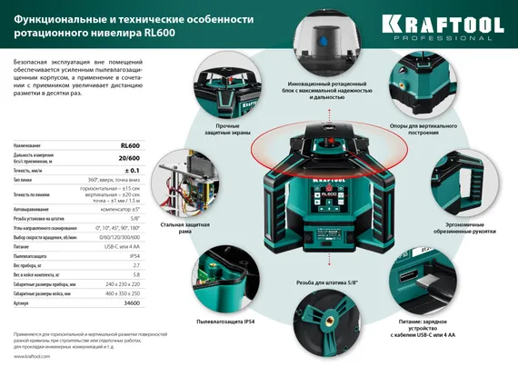 KRAFTOOL RL600, 600 м, ротационный лазерный нивелир (34600)