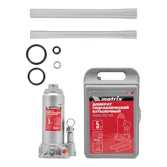 Домкрат гидравлический бутылочный, 5 т, высота подъема 216-413 мм, в пластиковый кейсе Matrix