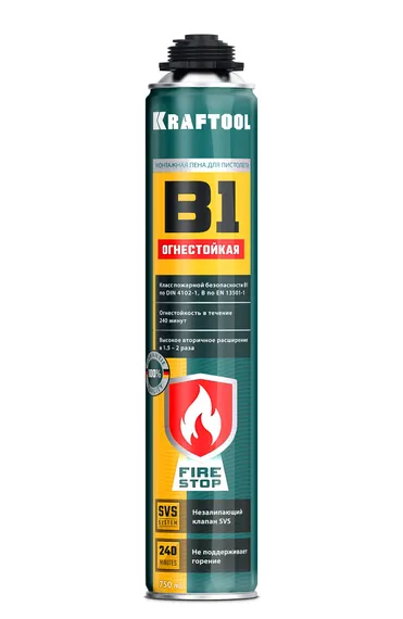 KRAFTOOL FIRE STOP B1, 750 мл, пистолетная, огнестойкая, не залипающий клапан, 240°С, SVS, выход до 51 л, монтажная пена (41186)