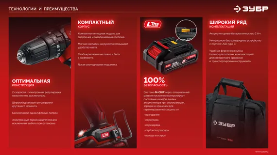 Ударная дрель-шуруповерт, ЗУБР 20 В, 40 Н·м, 1 АКБ LMS (2 А·ч), (ДШУ-40-21)