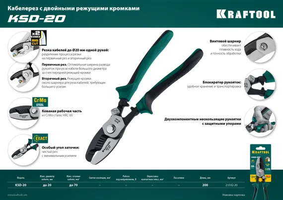 KRAFTOOL KSD-20, d 20мм, 200мм, с двойными режущими кромками, кабелерез (23332-20)