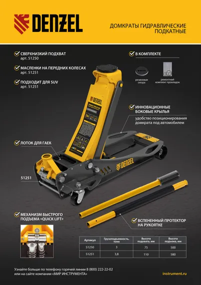 Домкрат гидравлический подкатной, 3 т, 75-500 мм, быстрый подъем, низкий подхват, проф. Denzel