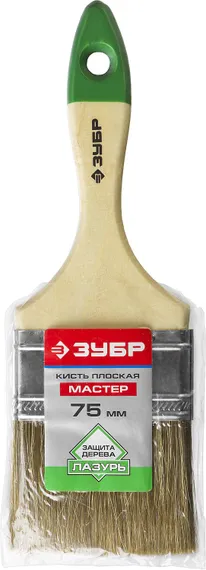ЗУБР ЛАЗУРЬ, 75 мм, 3″, светлая смешанная щетина, деревянная ручка, плоская кисть (4-01009-075)