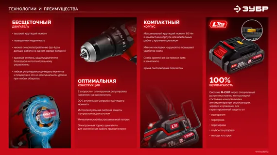 Бесщеточная ударная дрель-шуруповерт, ЗУБР 20 В, 65 Н·м, 2 АКБ LMS (2 А·ч), сумка (ДБУ-65-22)