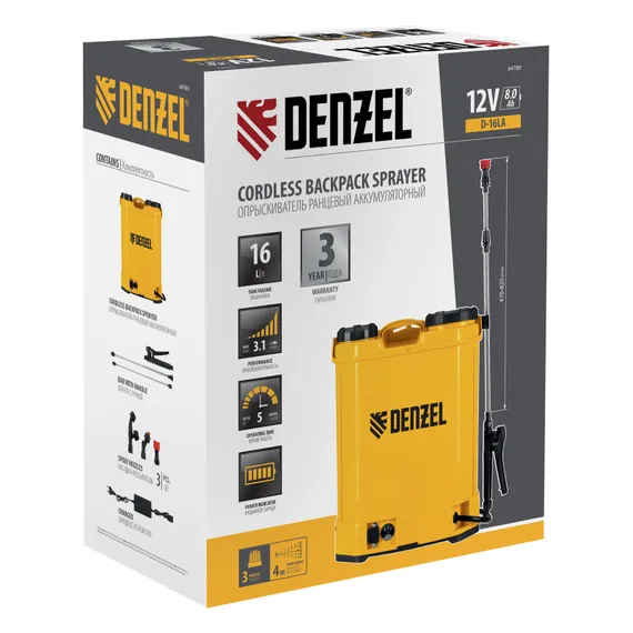 Опрыскиватель ранцевый аккумуляторный D-16LA, 16 л, 12 В, 8 Ач Denzel