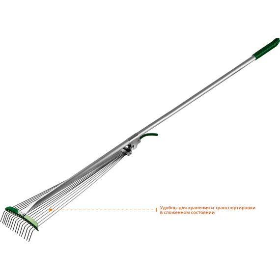 POCTOK РВ-15, 170-570 мм, длина 1180 мм, стальная рабочая часть, алюминиевый черенок, регулируемые веерные грабли (39640)
