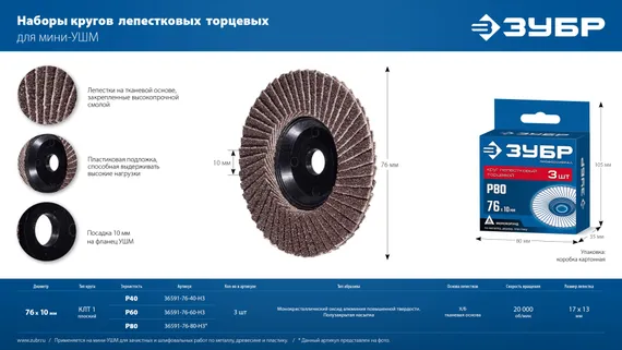 ЗУБР 76 х 10 мм, P60, 3 шт., КЛТ для мини-УШМ, Профессионал (36591-76-60-H3)