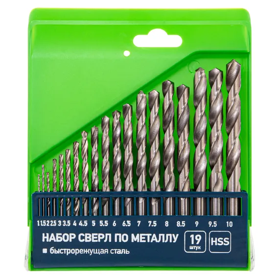 Набор сверл по металлу, 1-10 мм, (через 0.5 мм) HSS 19 шт, пластиковая коробка, цилиндрический хвостовик Сибртех