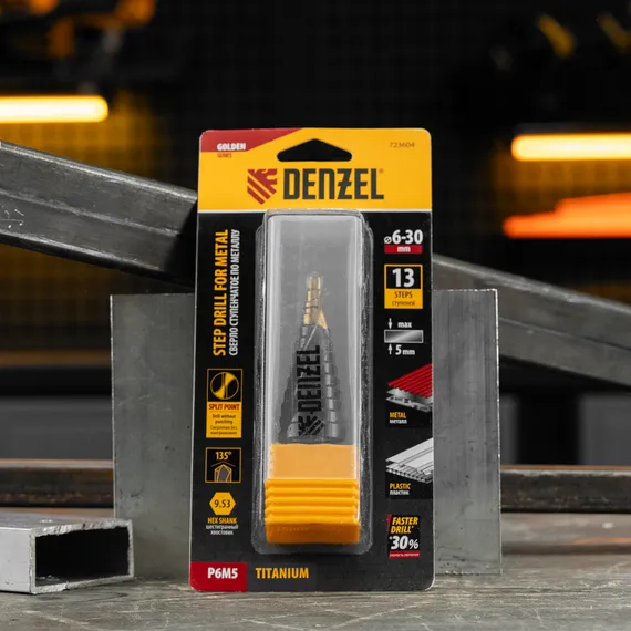 Сверло ступенчатое, 6-8-10-12-14-16-18-20-22-24-26-28-30мм, Р6М5, 6-гр. хвостовик Denzel
