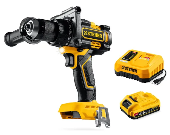 Бесщеточная дрель-шуруповерт STEHER 20 В, 165 Н·м, 1 АКБ LMS (2 А·ч), (CB-165-21)