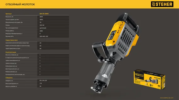 Отбойный молоток STEHER Бетонолом 70 Дж 1800 Вт HEX-30 (DH-70-1800)