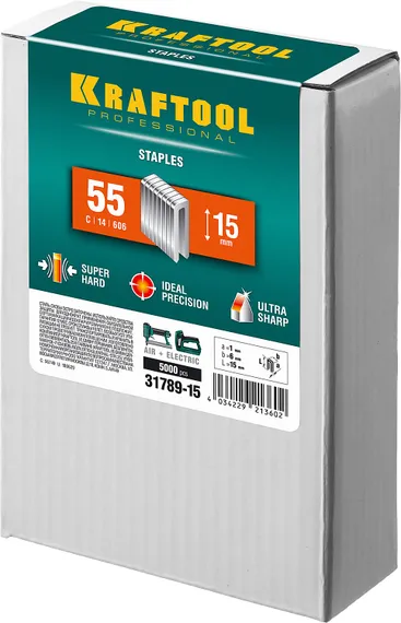 KRAFTOOL скобы тип 55 (90/C), 15 мм, калибр 18GA. 5000 шт (31789-15)