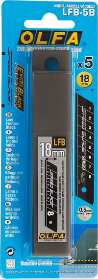 OLFA 18 мм, 5 шт, в пластиковом кейсе + блистер, тефлоновые сегментированые лезвия (OL-LFB-5B)