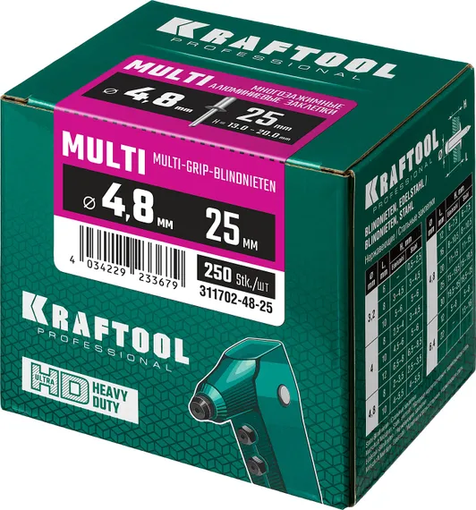 KRAFTOOL Multi (Al5052), 4.8 x 25 мм, 250 шт, многозажимные алюминиевые заклепки (311702-48-25)