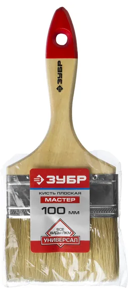 ЗУБР УНИВЕРСАЛ, 100 мм, 4″, светлая натуральная щетина, деревянная ручка, все виды ЛКМ, плоская кисть (4-01003-100)
