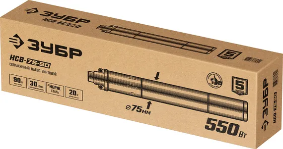 ЗУБР 550 Вт, 90 м напор, скважинный насос винтовой, корпус из нержавеющей стали (НСВ-75-90)