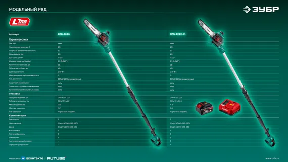 ЗУБР 20 В, 200 мм шина, 1 АКБ LMS (4 Ач), высоторез аккумуляторный (ВРБ-2020)