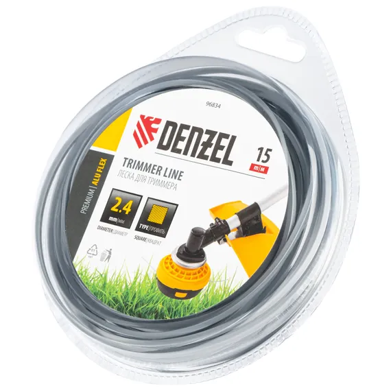 Леска для триммера армированная алюминием квадратная, 2,4мм х 15м, блистер ALUFLEX Denzel