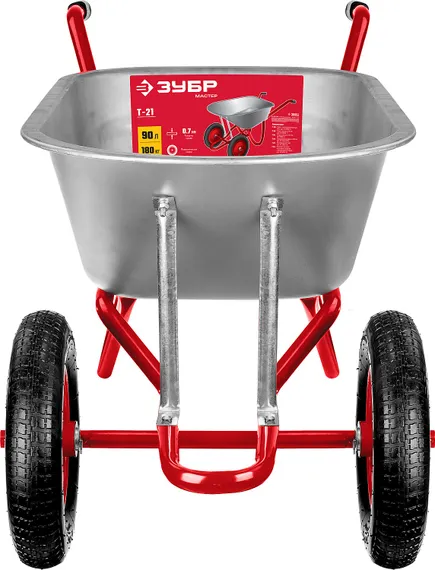 ЗУБР Т-21, 90 л, 180 кг, двухколесная, пневматические колеса, садово-строительная тачка (39952)