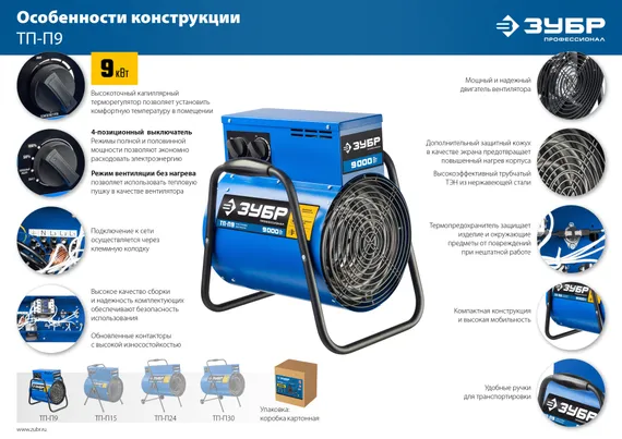 ЗУБР 9 кВт, электрическая тепловая пушка, Профессионал (ТП-П9)