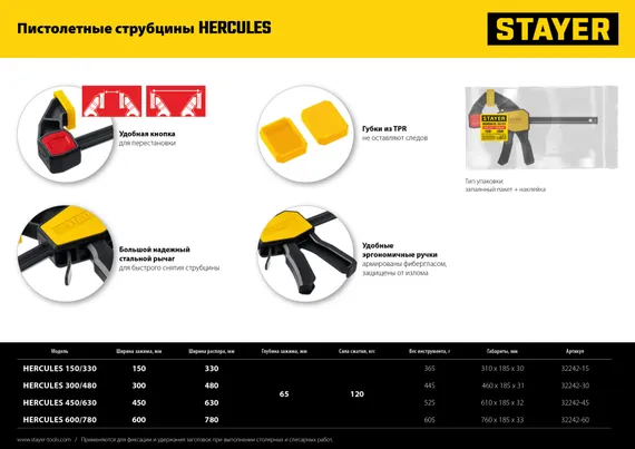 STAYER Hercules, 450/630 мм, пистолетная струбцина, Professional (32242-45)