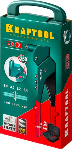 KRAFTOOL RX-7, 360°, 2.4 - 4.8 мм, 280 мм, литой поворотный заклепочник в кейсе (31176-H6)