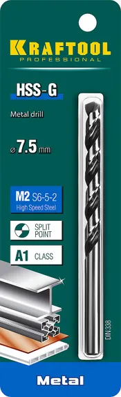 KRAFTOOL HSS-G, 7.5 х 109 мм, сталь P6M5, сверло по металлу (29651-7.5)