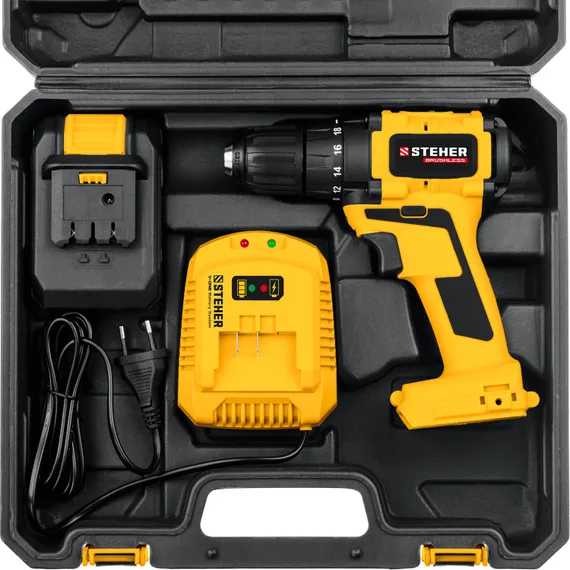 Бесщеточная дрель-шуруповерт, STEHER V1, 20 В, 45 Н·м, 1 АКБ (2 А·ч), кейс (CDB-200-1)