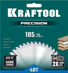 KRAFTOOL Precision, 185 x 20 мм, 48Т, пильный диск по дереву (36952-185-20)
