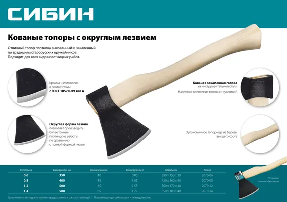 СИБИН 1200/1550 г, 500 мм, кованый топор с округлым лезвием (2070-12)