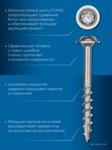 ЗУБР 32 х 4.2 мм, редкая резьба, ТХ20, цинк, 350 шт, саморез для глухих отверстий, Профессионал (30081-42-032)