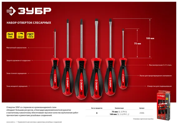 ЗУБР Мастер-6, 6 предм, набор отвёрток (25066)