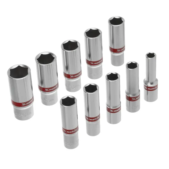 Набор удлиненных торцевых головок 3/8", 6 гранные, CrV, 8-19мм, 10 штук Matrix