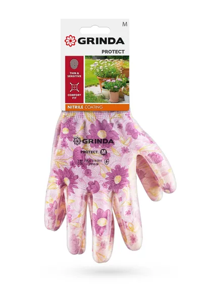 GRINDA PROTECT, M (8), садовые перчатки с прозрачным нитриловым покрытием, зелёные, 13 класс (11295-M)