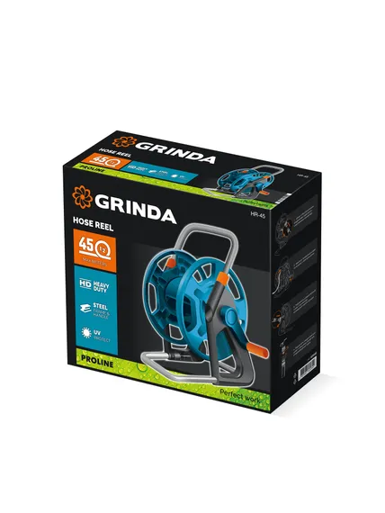 GRINDA HR-45, для шлангов 45м x 1/2″ и 20м х 3/4″, стальные опоры, пластиковый барабан, катушка для шлангов, ProLine (428450)