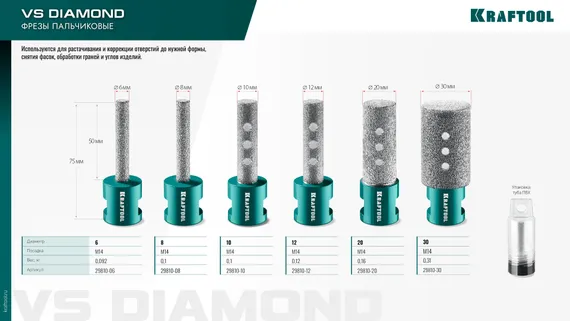 KRAFTOOL VS DIAMOND d 12 мм (М14, 50 мм), Вакуумная алмазная фреза пальчиковая (29810-12)