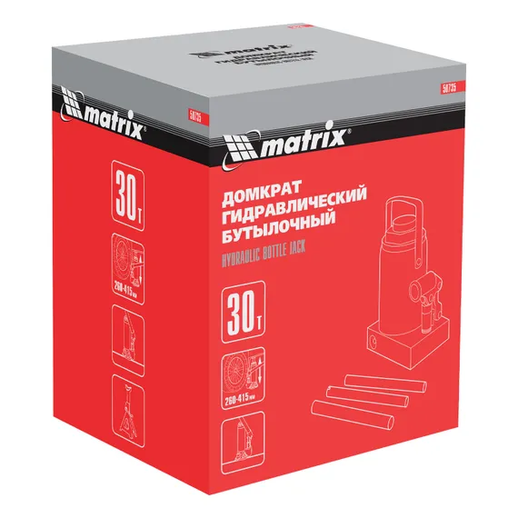 Домкрат гидравлический бутылочный, 30 т, высота подъема 260-415 мм Matrix