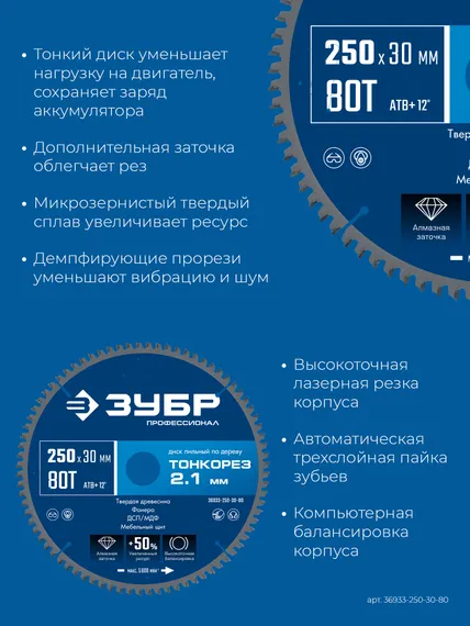 ЗУБР Тонкорез 250х30 x 2.1 мм, 80Т, диск пильный по дереву тонкий рез, Профессионал (36933-250-30-80)