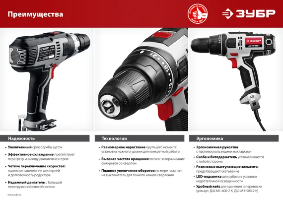ЗУБР 500 Вт, 45 Н·м, сетевая дрель-шуруповерт (ДШ-М3-500-2)