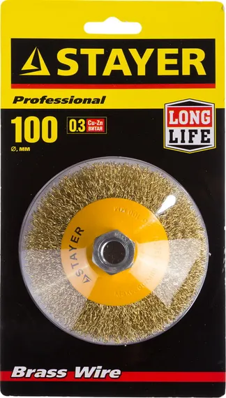 STAYER 100 мм, витая стальная латунированная проволока 0.3 мм, коническая щетка-крацовка для УШМ, Professional (35133-100)