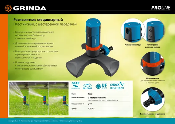 GRINDA RX-2, с шестерённой передачей, пластиковый, на подставке, стационарный распылитель, PROLine (429303)